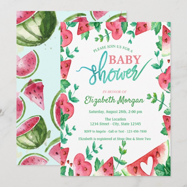 Invitación Dulce Corazón de Sandía Baby Shower  (Anverso / Reverso)