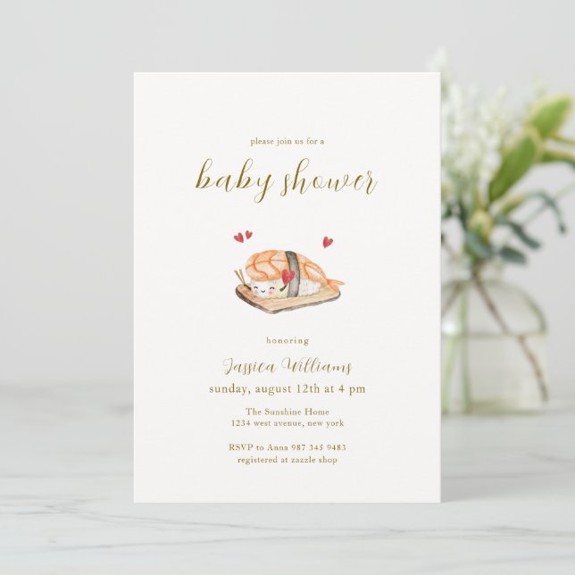 Invitación Dulce Corazón Kawaii Sushi Baby Shower  (Anverso de pie)