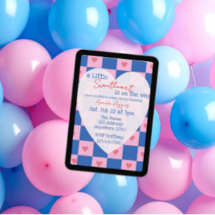 Invitación Dulce Corazón Rosa Azul a Cuadros Baby Shower
