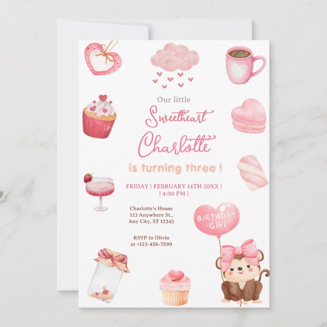 Invitación Dulce corazón San Valentín fiesta de cumpleaños (Anverso)
