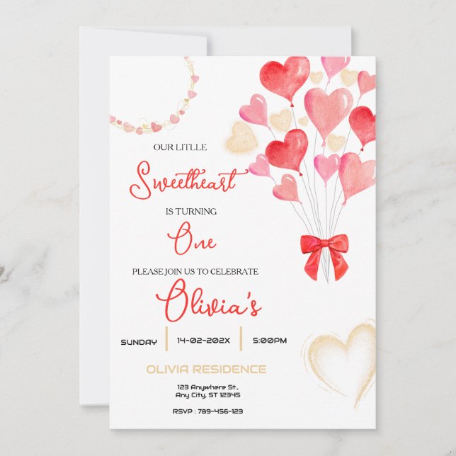 Invitación Dulce corazón San Valentín Primera fiesta de cumpl (Anverso)