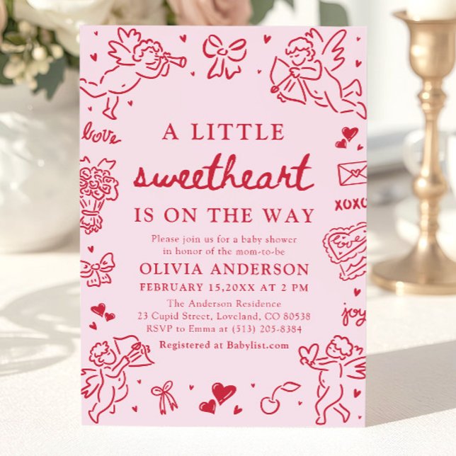 Invitación Dulce Corazoncito Dibujado a Mano para Baby Shower (Hand Drawn Valentine Little Sweetheart Baby Shower Invitation)