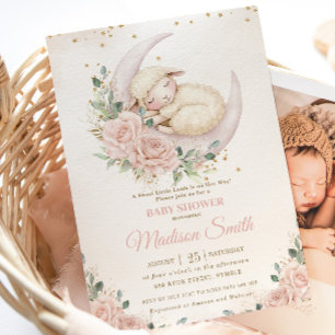 Invitación Dulce Corderito Luna Chic Rubor Rosa Floral Baby S