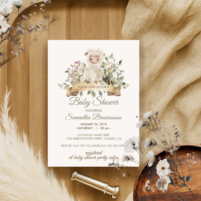 Invitación Dulce Cordero Botánico con Cinta Baby Shower (Subido por el creador)