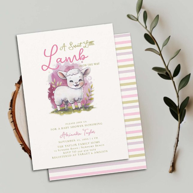Invitación Dulce Cordero Pequeño Whimsical Chica Rosa Baby Sh (happy sweet little lamb girl baby shower invitation whimsical cute watercolor illustration pink)