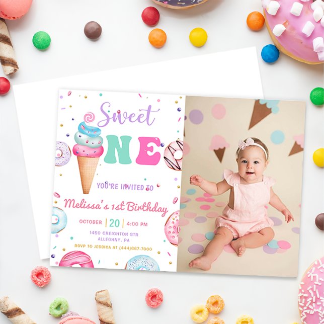 Invitación Dulce crema de hielo Donut 1er cumpleaños foto (Subido por el creador)