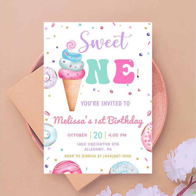 Invitación Dulce Crema de Hielo Uno Donut Primer Cumpleaños (Subido por el creador)
