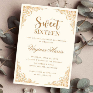 Invitación Dulce crema ornate de oro 16 cumpleaños