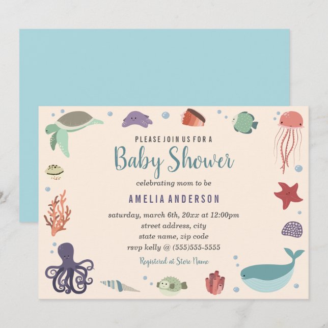 Invitación Dulce criaturas del mar Azul Coral Baby Shower (Anverso / Reverso)