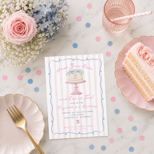 Invitación Dulce Cumpleaños 2 Tienes Pastel y Lo Comes (Quirky Hand Drawn Have You Cake and Eat it Two Invitation)