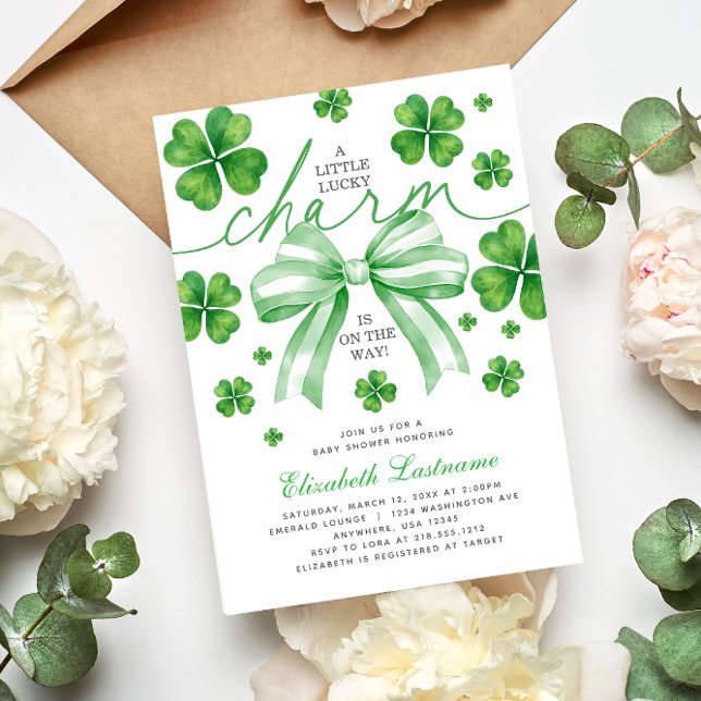Invitación Dulce Cumpleaños con Amuleto de la Suerte de lazo  (Green Bow Lucky Charm Baby Shower Invitation
#luckycharmbabyshower
#stpatricksdaybabyshower)