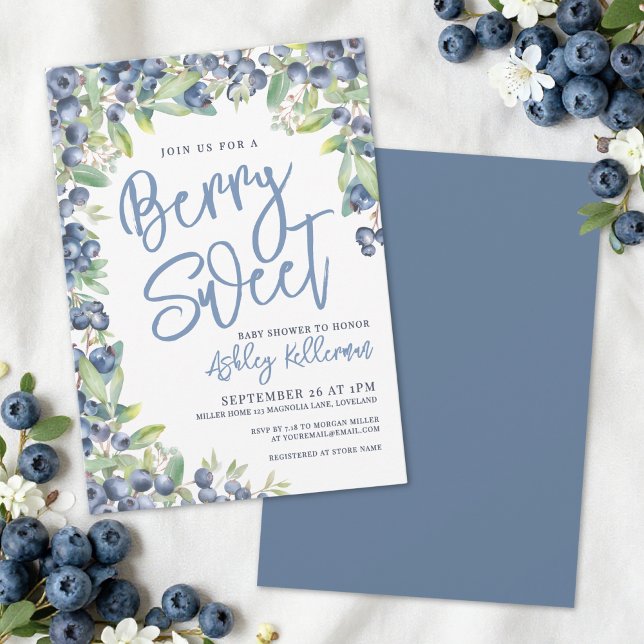 Invitación Dulce Cumpleaños de Arándanos Fiesta de Revelación (Berry Sweet Blueberry Baby Shower Invitation)