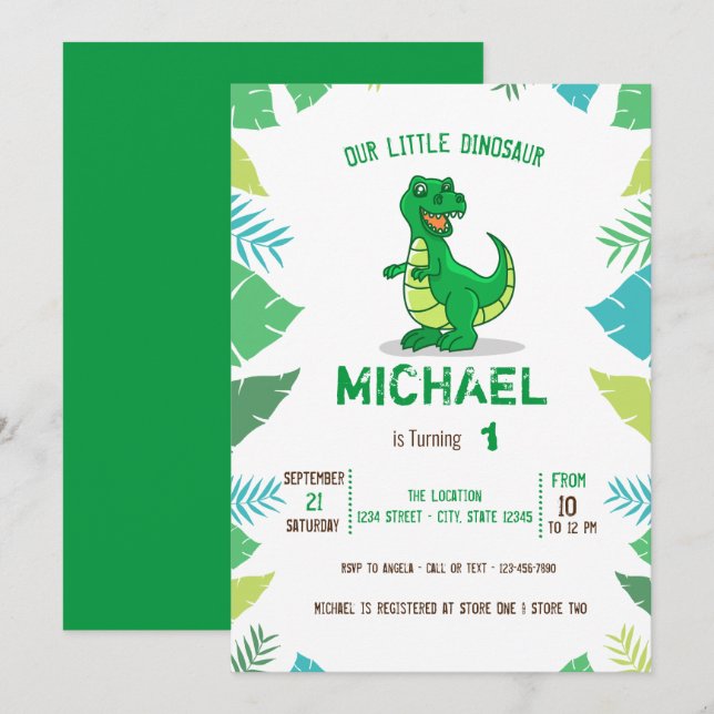 Invitación Dulce Cumpleaños de Bebé Niño Dinosaurio (Anverso / Reverso)