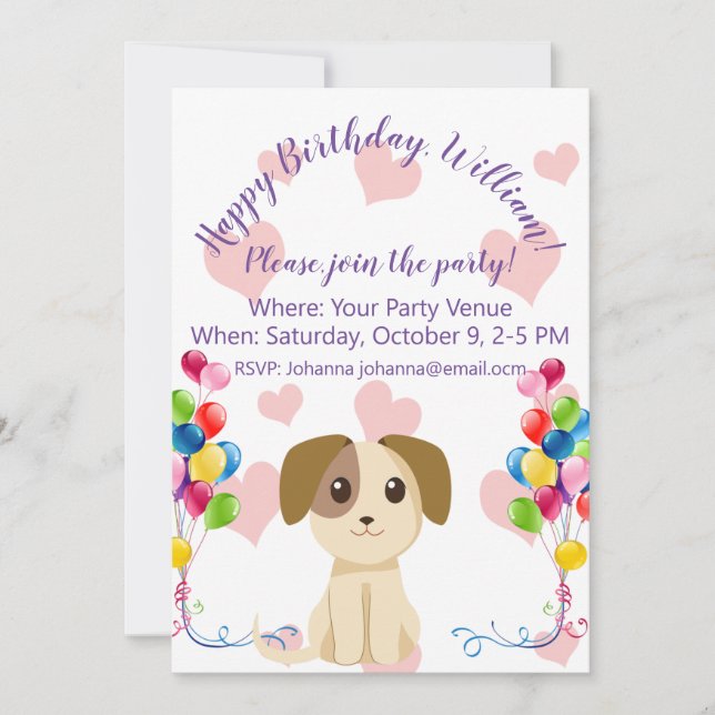 Invitación Dulce cumpleaños de cachorros (Anverso)