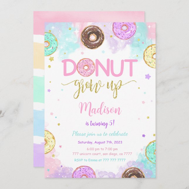 Invitación Dulce cumpleaños de Donut (Anverso / Reverso)