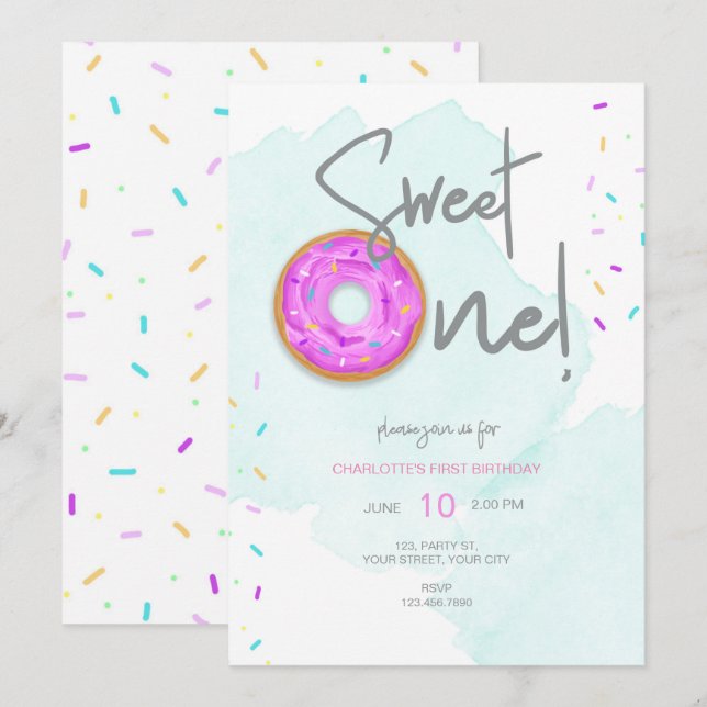 Invitación Dulce cumpleaños de donut ONE (Anverso / Reverso)