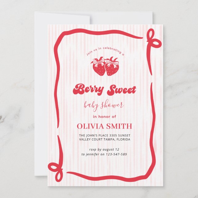 Invitación Dulce Cumpleaños de Fresa con Rayas Rosadas (Anverso)