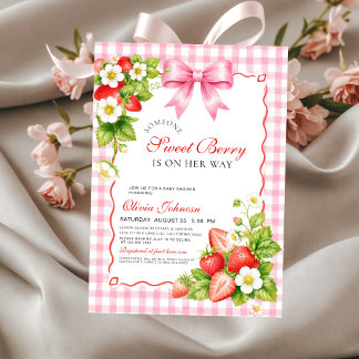 Invitación Dulce Cumpleaños de Fresa Rosa a Cuadros Baby Show