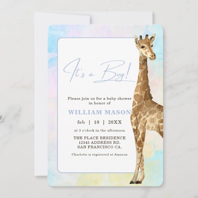 Invitación Dulce Cumpleaños de Jirafa Bebé Azul Es un Niño (Anverso)