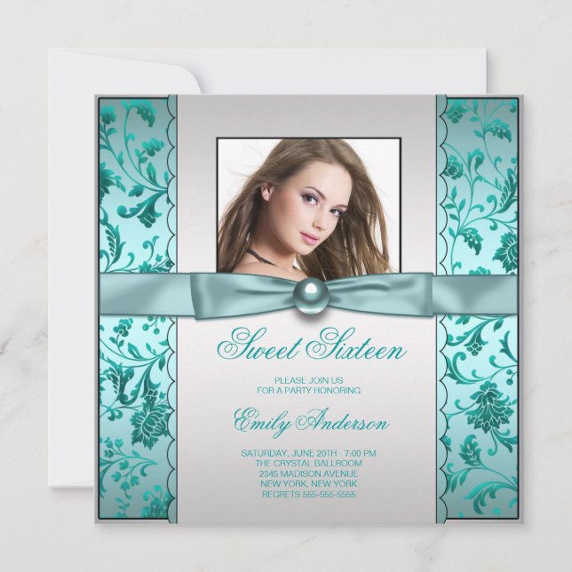 Invitación Dulce cumpleaños de la foto azul verde azulada de  (Anverso)