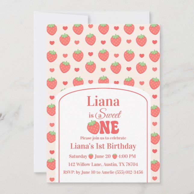 Invitación Dulce Cumpleaños de la Niña de la Fresa (Anverso)