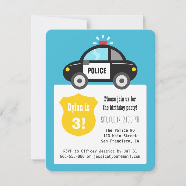 Invitación Dulce Cumpleaños de los Niños con Carro de Policía (Anverso)