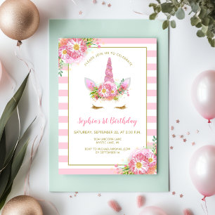 Invitación Dulce Cumpleaños de Niña Cara de Unicornio Rosa