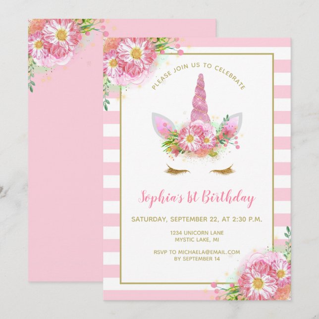 Invitación Dulce Cumpleaños de Niña Cara de Unicornio Rosa (Anverso / Reverso)