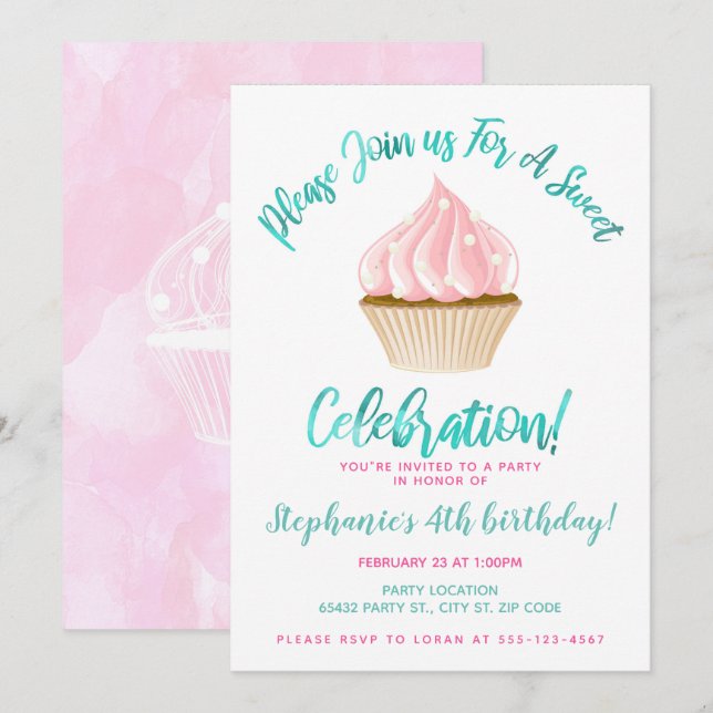 Invitación Dulce cumpleaños del pastel (Anverso / Reverso)