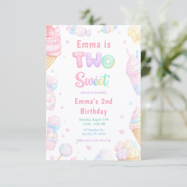 Invitación Dulce Cumpleaños Dos Fiesta de Caramelo Pastel (Anverso de pie)