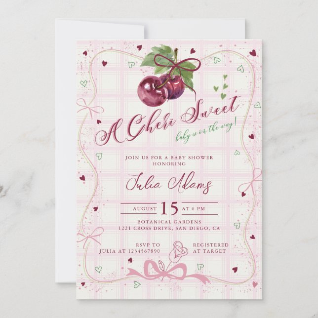 Invitación Dulce Cumpleaños Feliz Shower de Bebé Rojo Rosa Li (Anverso)