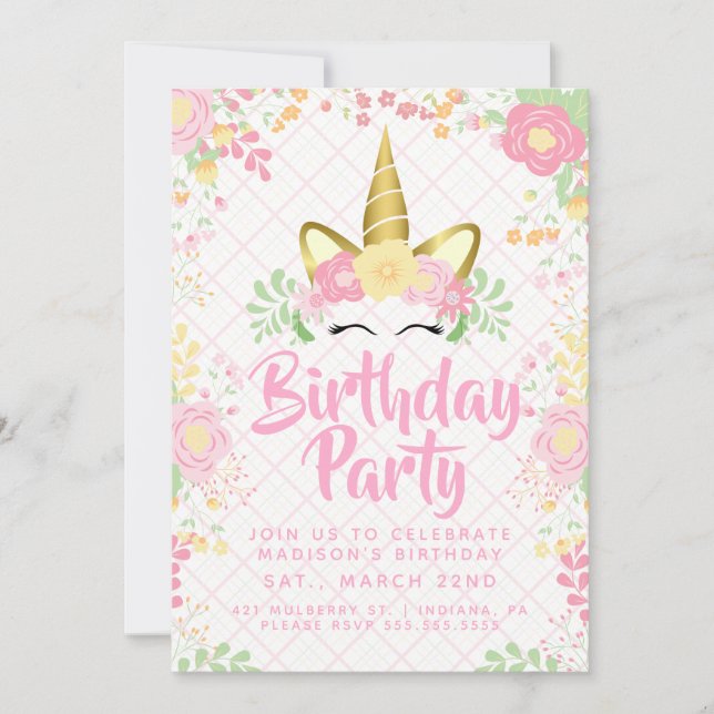 Invitación Dulce cumpleaños floral de Unicornio rosa (Anverso)