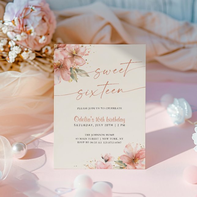 Invitación Dulce Cumpleaños Floral Rosa Suave Dieciséis 16 (Subido por el creador)