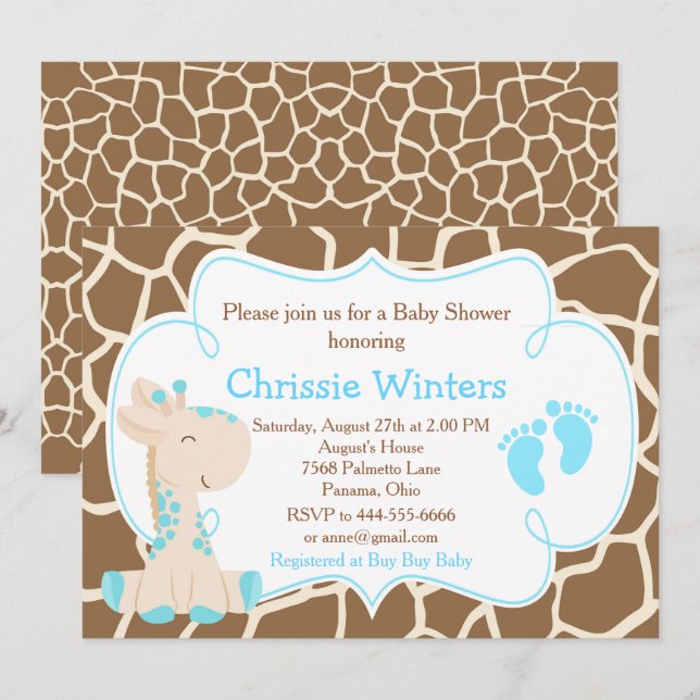 Invitación Dulce Cumpleaños Niño Jirafa Azul Baby Shower (Anverso / Reverso)