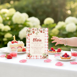 Invitación Dulce Cumpleaños Número Uno de Fresa a Cuadros Flo