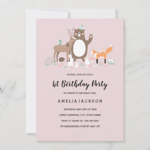 Invitación Dulce Cumpleaños Número Uno Woodland Rosa Menta