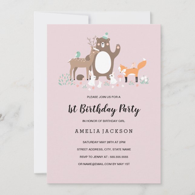 Invitación Dulce Cumpleaños Número Uno Woodland Rosa Menta (Anverso)