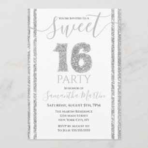 Invitación Dulce cumpleaños rayado Purpurina de Faux 16 plate