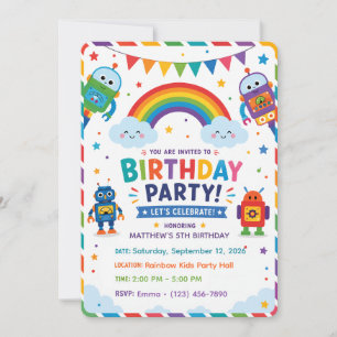 Invitación Dulce Cumpleaños Robot Arcoíris Fiesta Infantil