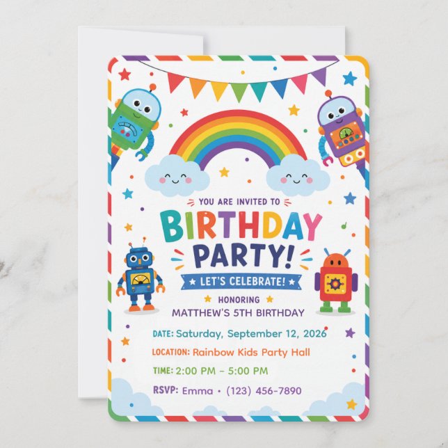 Invitación Dulce Cumpleaños Robot Arcoíris Fiesta Infantil (Anverso)