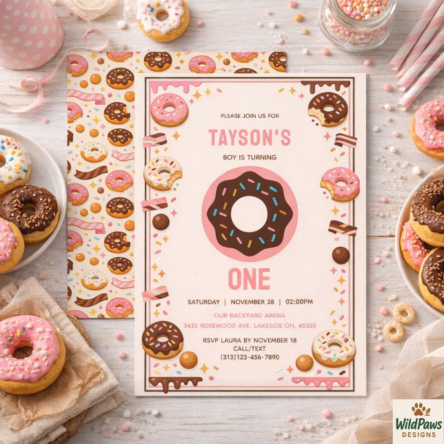 Invitación Dulce Cumpleaños Uno Donut | Donut Lindo  (Sweet One Donut 1st Birthday Party | Cute Donut Invitation
)
