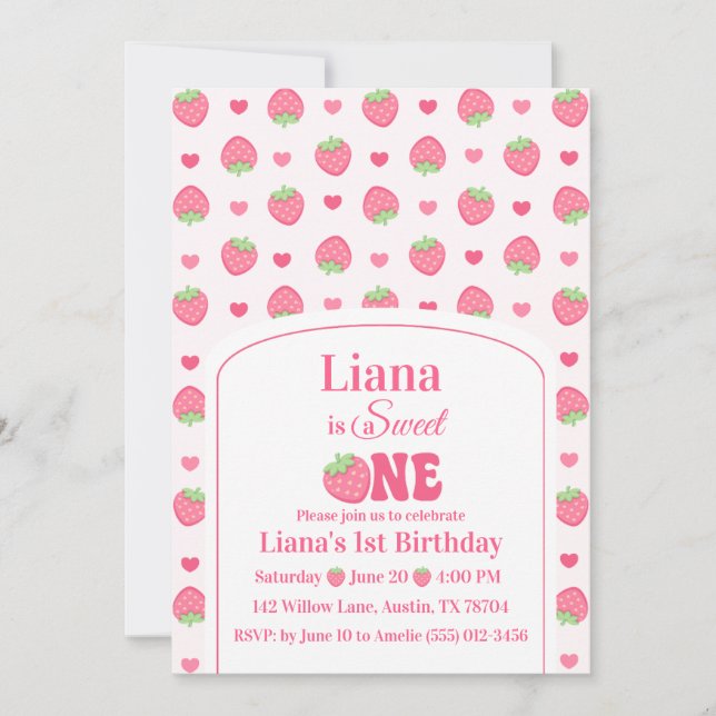 Invitación Dulce Cumpleaños Uno Fresa Rosa Fiesta de Cumpleañ (Anverso)
