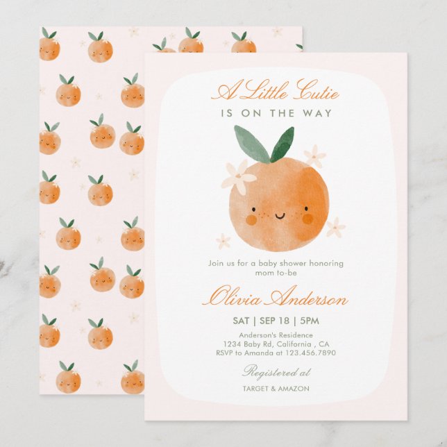 Invitación Dulce Cuti, Naranja Citrus Fiesta de Bebé Niña  (Anverso / Reverso)