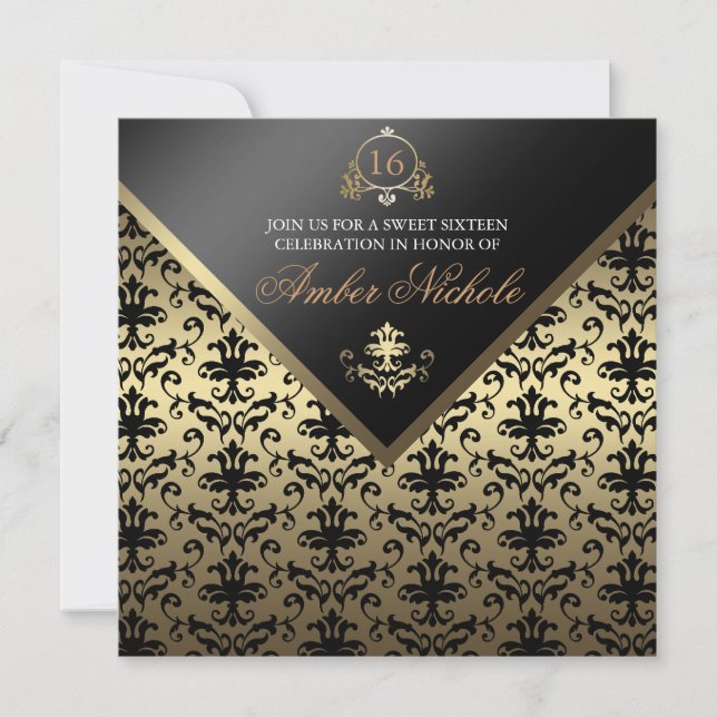 Invitación dulce de 16 años con damasco dorado y n (Anverso)