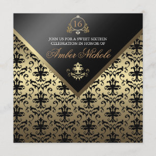 Invitación dulce de 16 años con damasco dorado y n