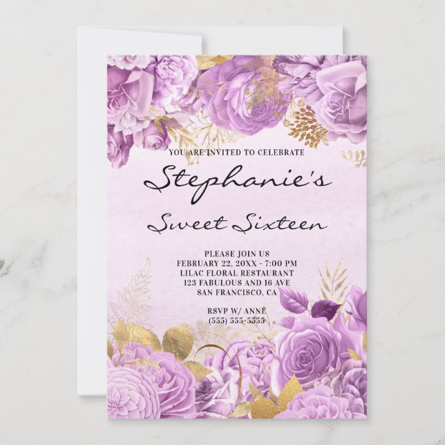 Invitación Dulce de acuarela floral dorada y lilac dieciséis (Anverso)
