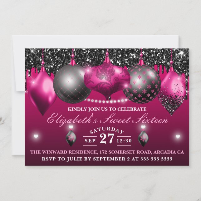 Invitación Dulce de adorno de Navidad rosa y negro caliente 1 (Anverso)