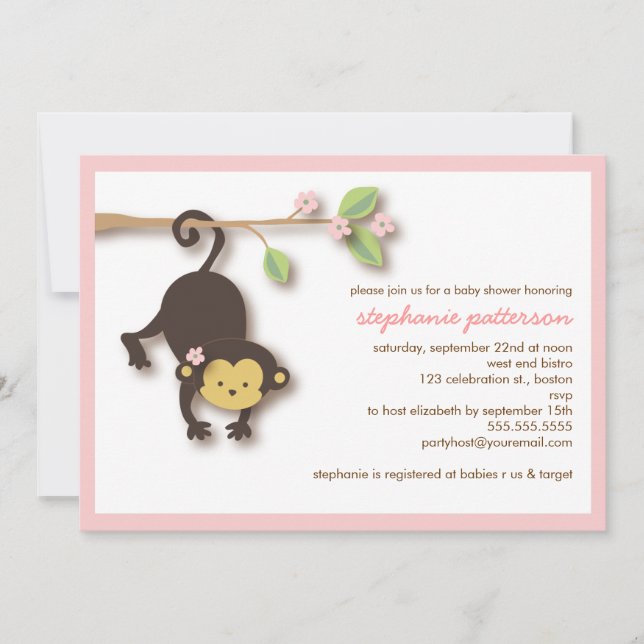 Invitación dulce de Baby Shower del chica del mono (Anverso)