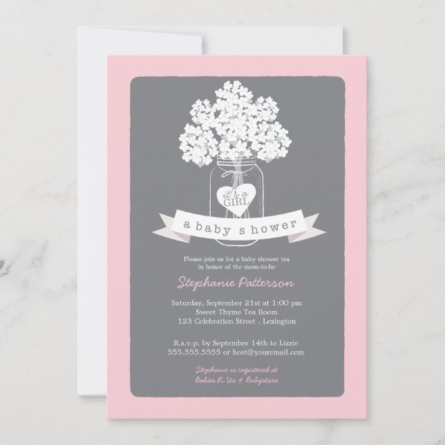 Invitación dulce de Baby Shower del gris del rosa (Anverso)