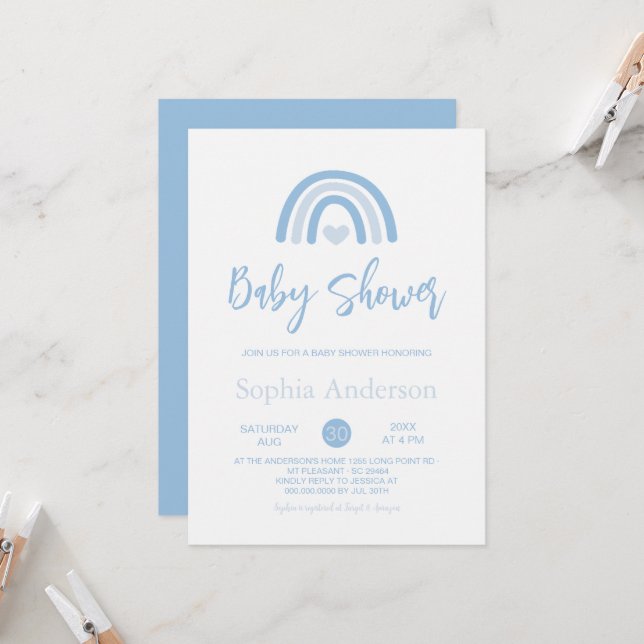 Invitación Dulce de bebé arcoíris boho azul niño  (Anverso/Reverso In Situ)